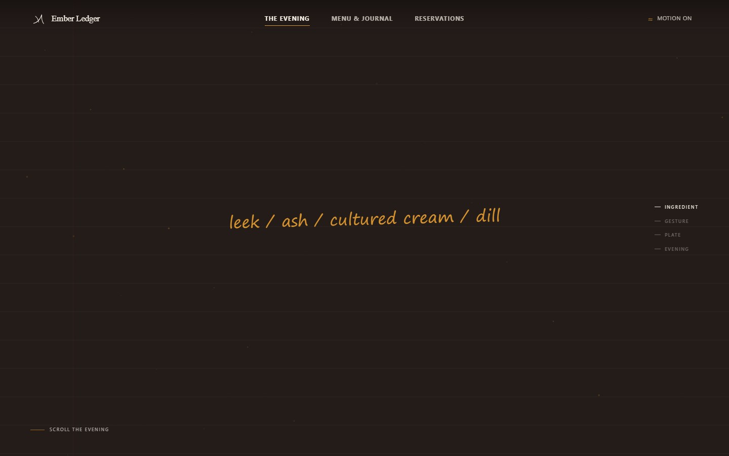 Ember Ledger restaurant website with a dark editorial evening interface and warm handwritten ingredient notes