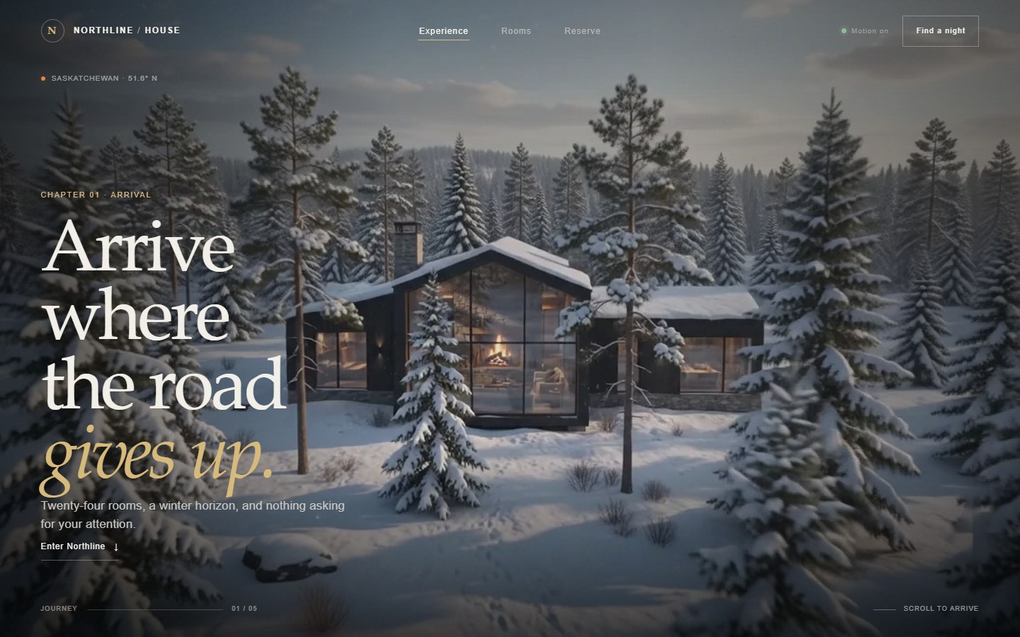 Northline House website showing a secluded winter retreat surrounded by realistic snow-covered trees