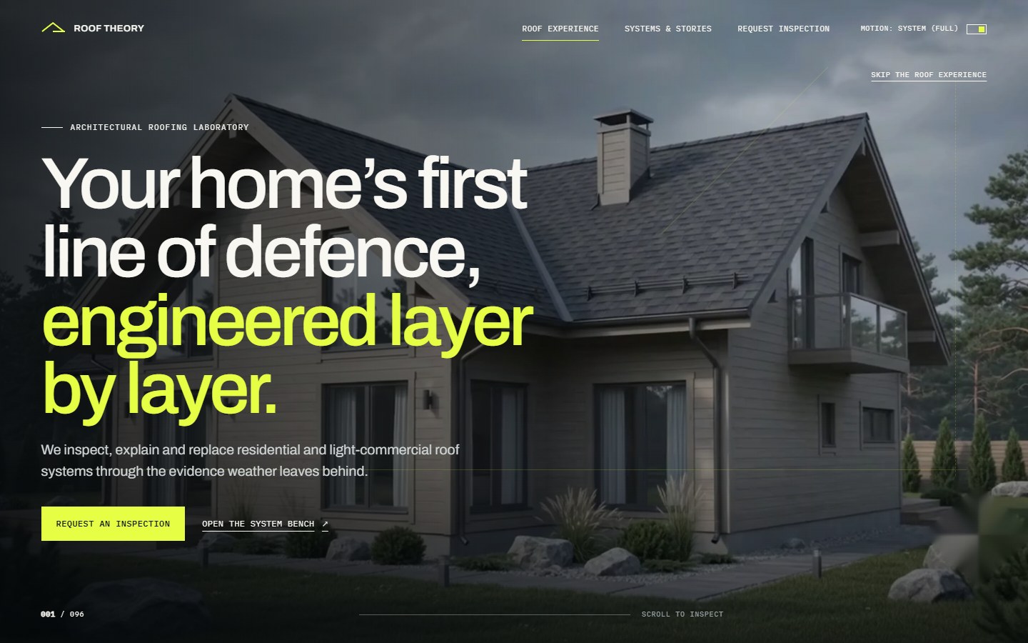 Roof Theory website showing a residential roof beneath a stormy sky