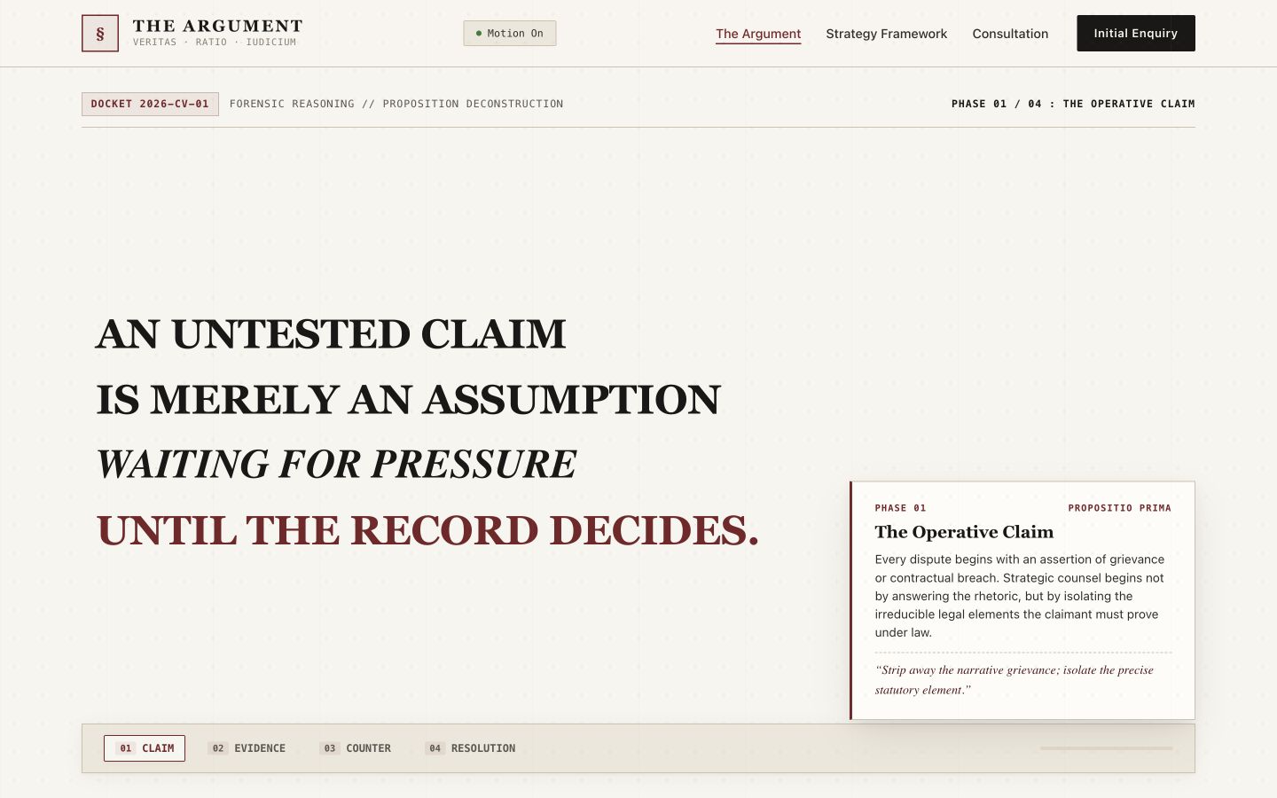 The Argument homepage with an editorial legal claim in paper, ink, and oxblood