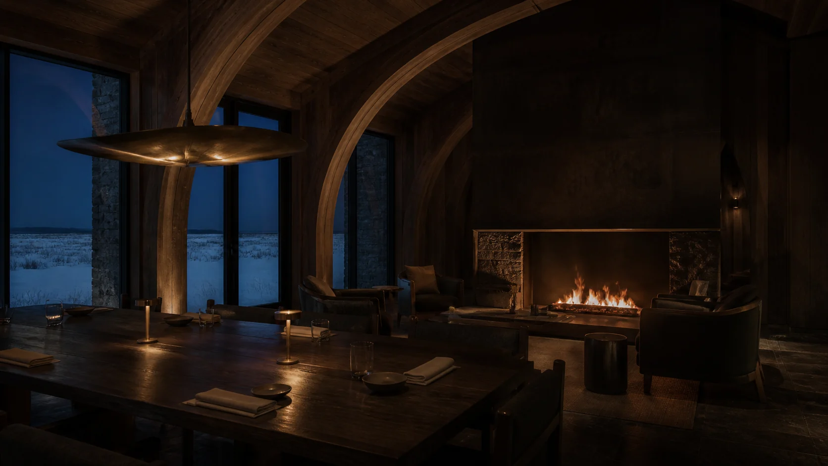 An intimate timber dining lounge warmed by a central fire