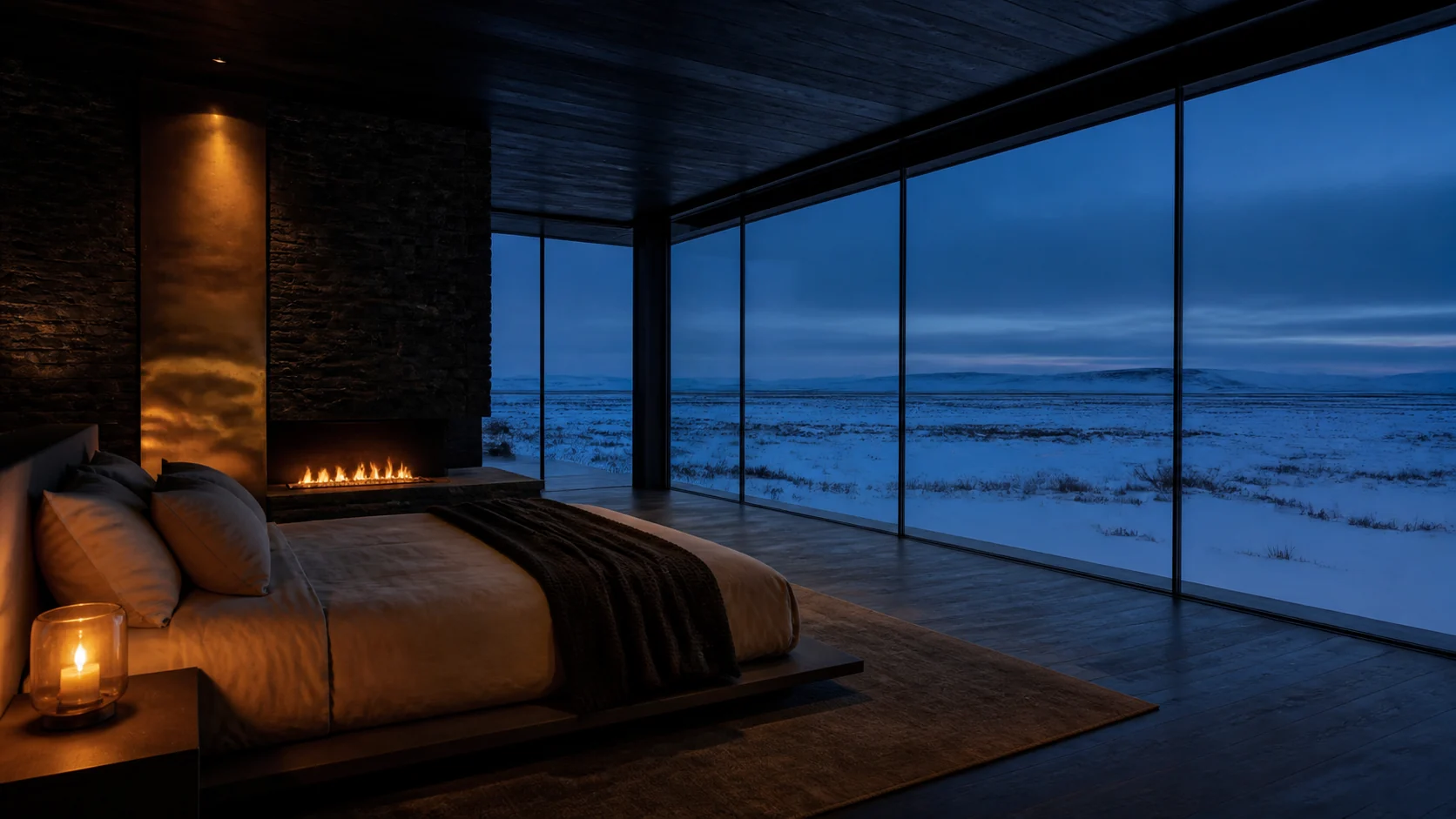 A warm glass-walled suite looking over a snowy prairie horizon
