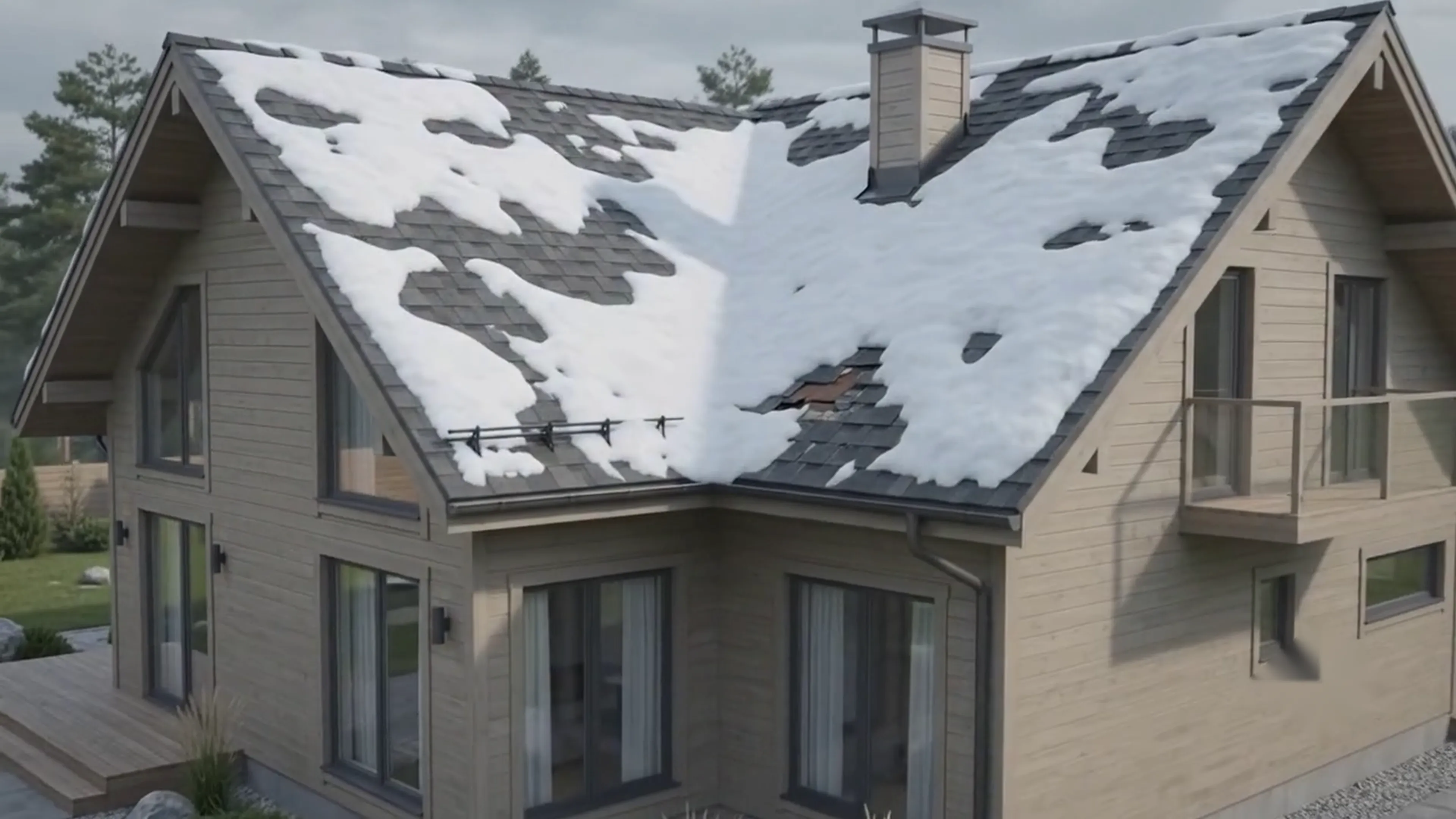 Snow exposing a localized roof damage path