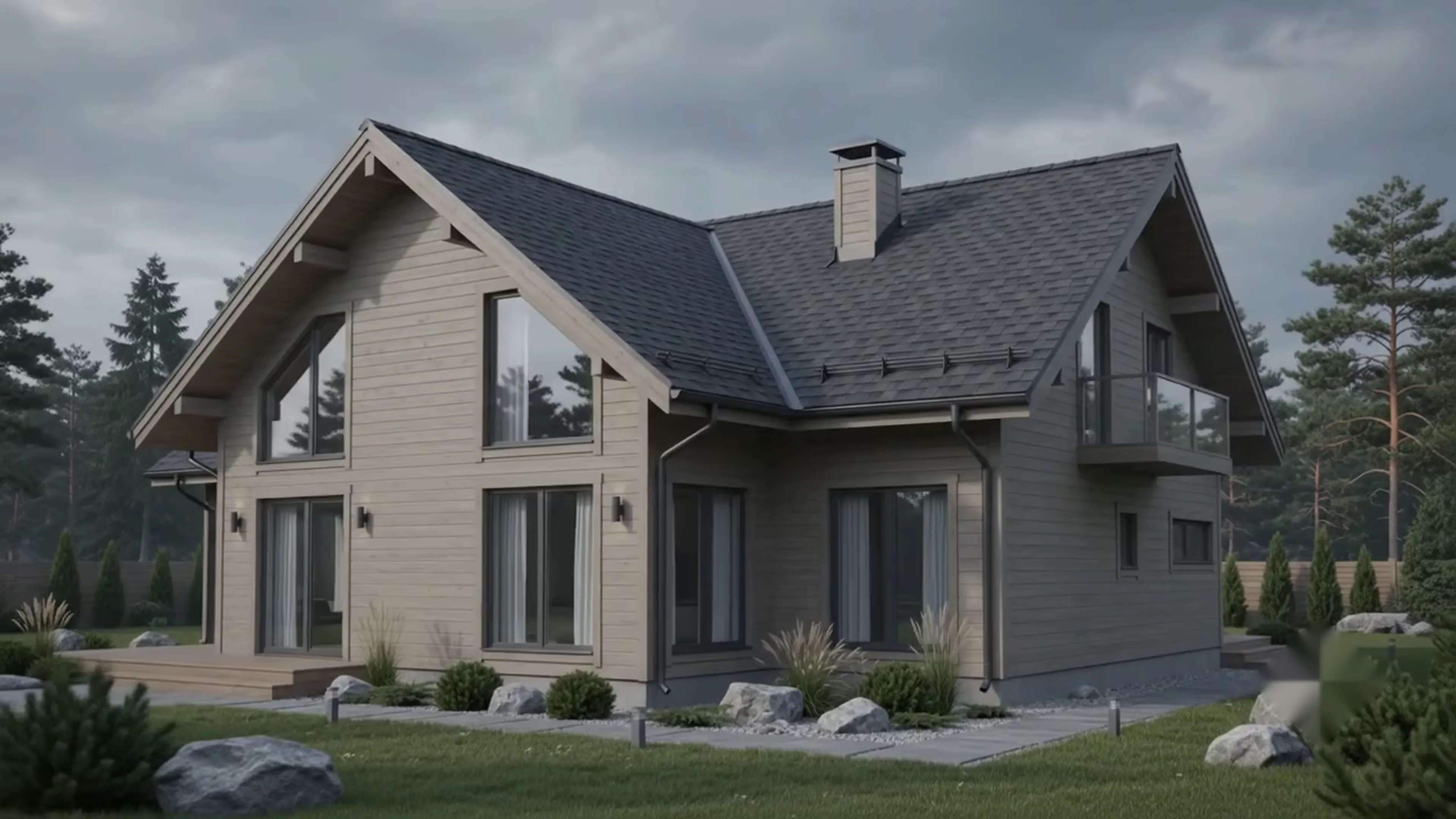 A fictional contemporary home beneath a storm-dark sky