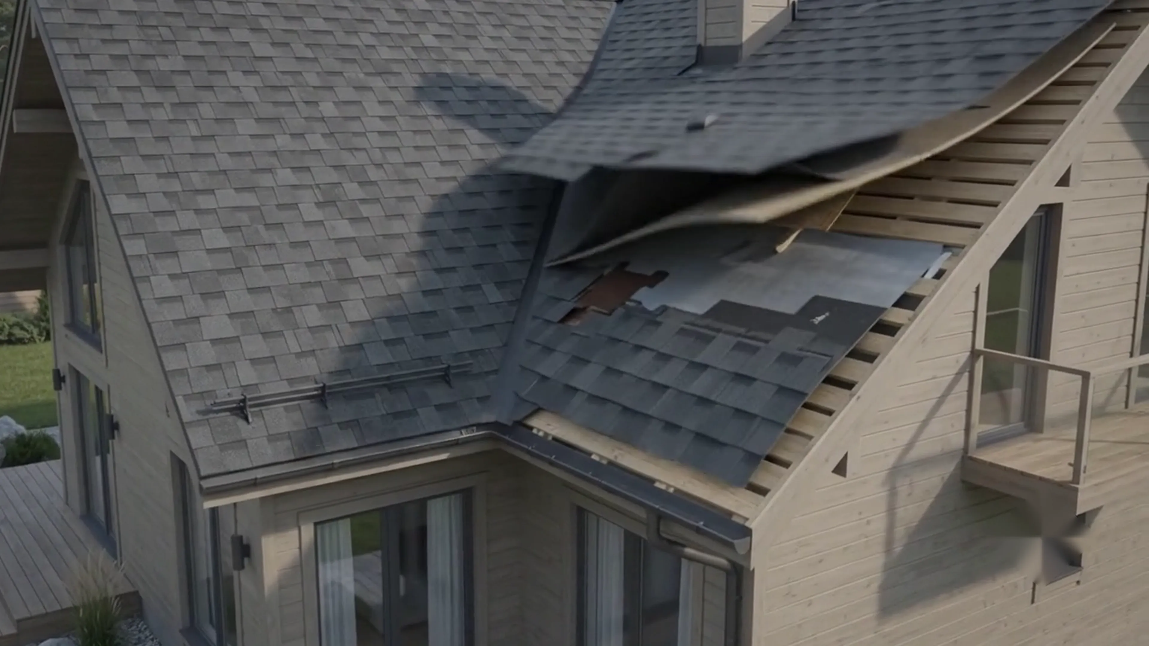 Roof covering separating to reveal the assembly